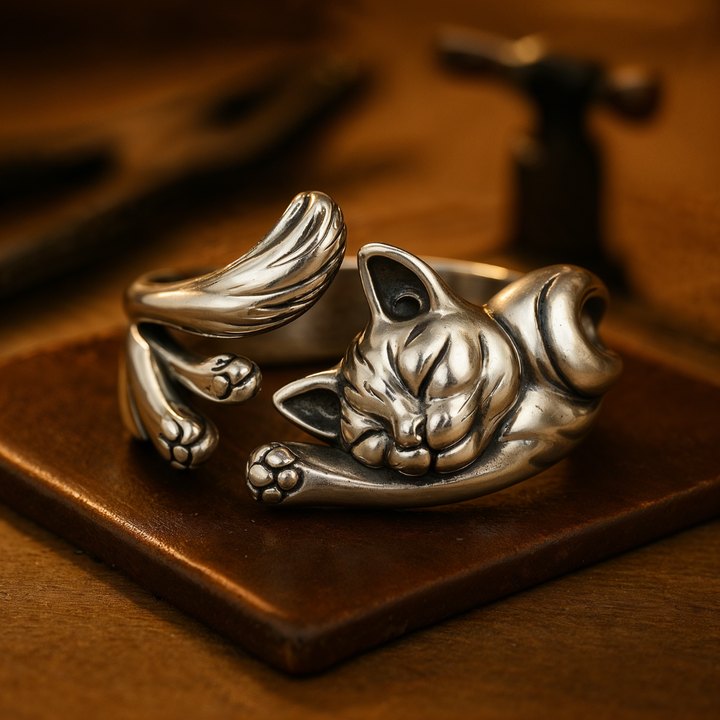 Anello Vintage di Gatto color argento (Regolabile)